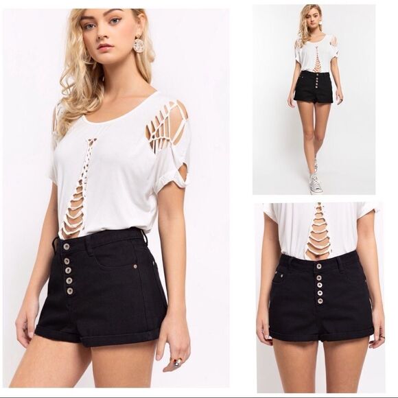 BLACK Denim Shorts With Folded Bottom Band. - Picture 8 of 12